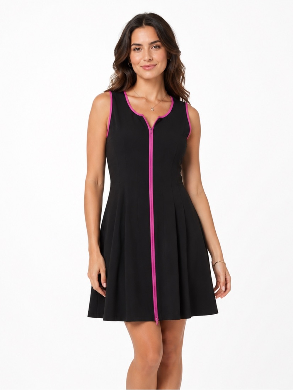 Betsey Johnson Size 6 Black Sleeveless Zip Front Dress Pink Trim Fit & Flare